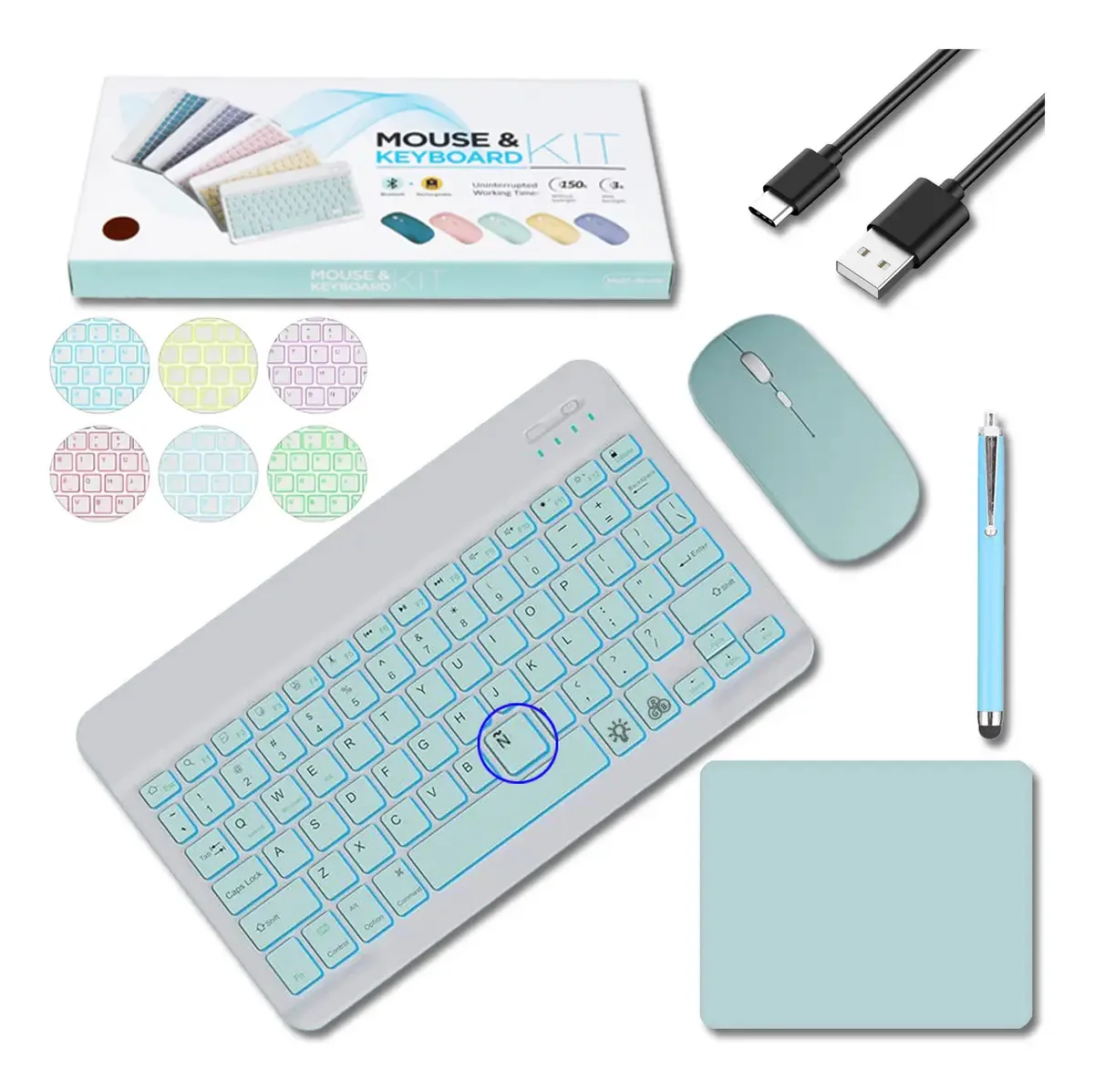 Teclados para tablet, conexão Bluetooth recarregável, incluindo teclado, mouse, bolígrafo tátil, almofada para mouse, compatível com iPad, smartphone, PC, portátil, Windows/iOS/Android.luzmascota
