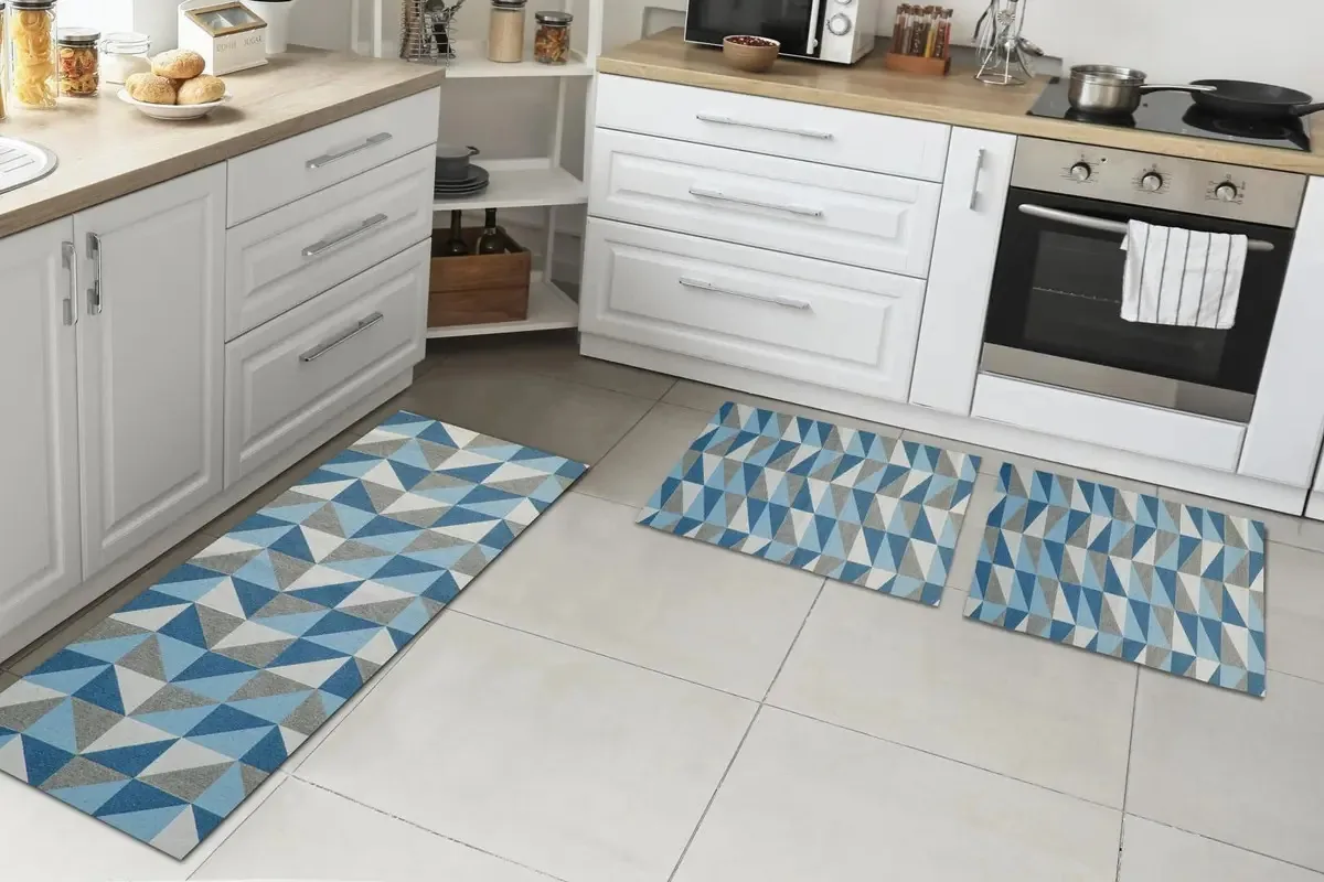 Kit Tapetes E Passadeira Antiderrapante Para Cozinha 3 Peças Cor Azul/cru