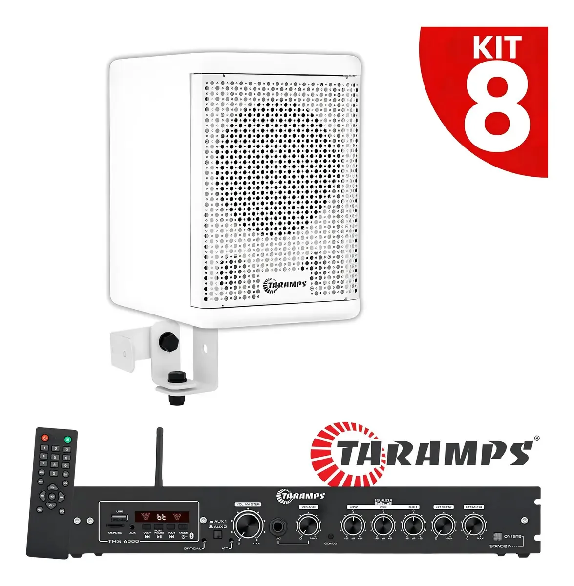 Kit 8 Caixas Som 400w Rms Taramps Acustica Profissional Ambiente Comercio Loja Bar Residencia Eventos Restaurante Clinicas Salao Igreja Com Suportes + Receiver Amplificador Bluetooth Usb Pendrive Sd
