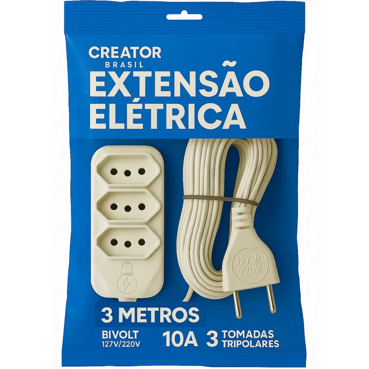 Extensão Elétrica 3 Metros Fio Grosso 3 Tomada 3 Pino Cor Branco Creator Brasil