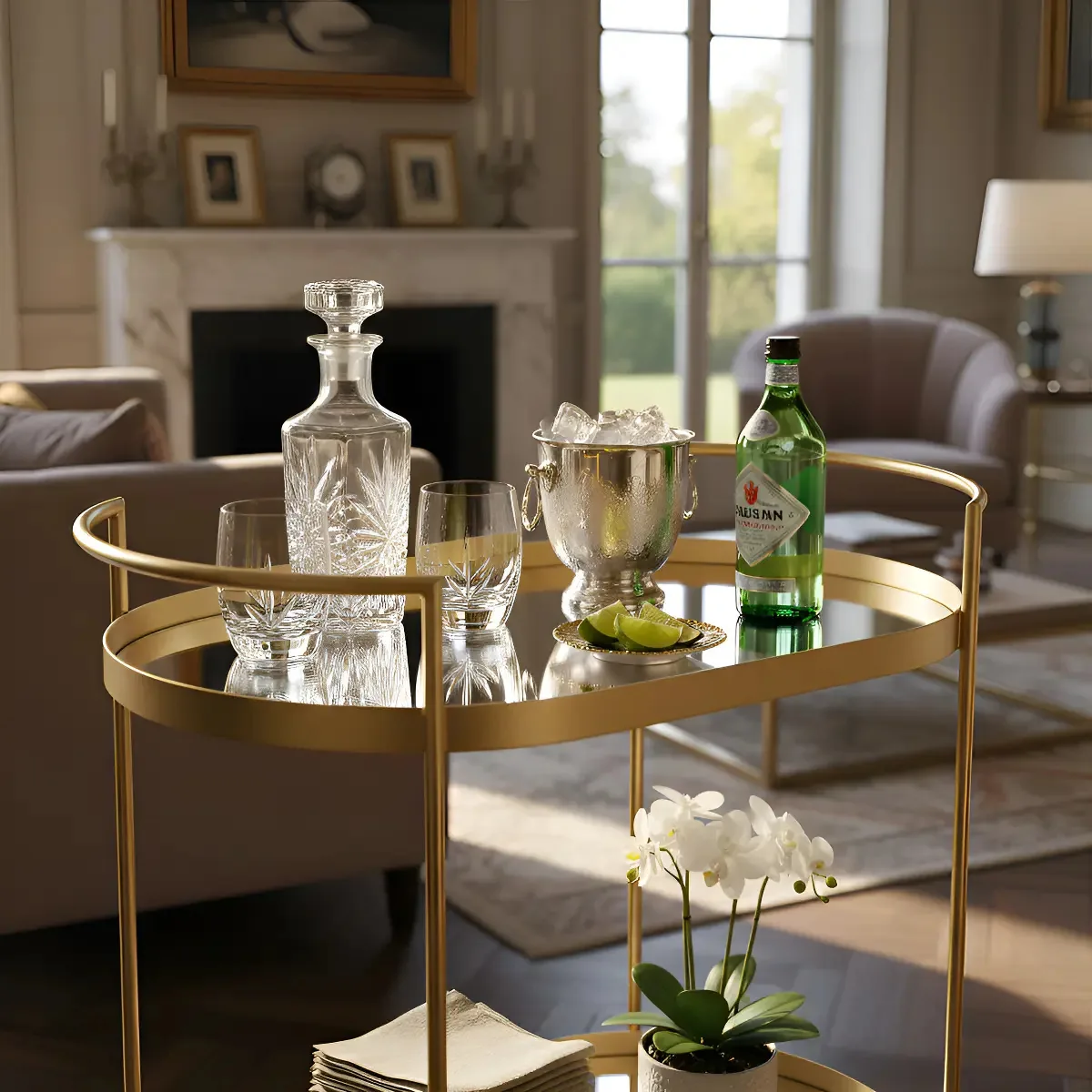 Carrinho Bebidas Chá Bar Oval Decorativo Metal Dourado Luxo