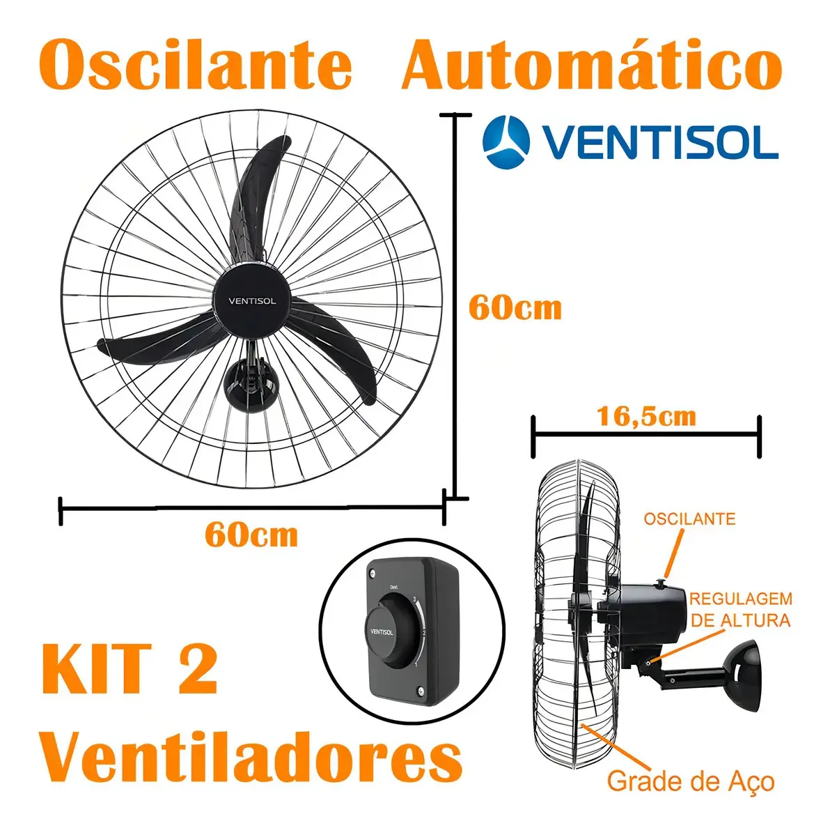 Dois Ventiladores Industriais de Parede Ventisol 60cm Preto