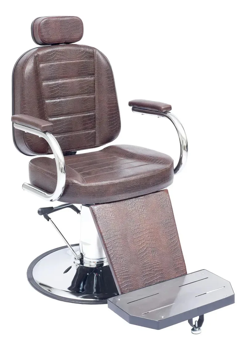 Poltrona Reclinável Barbeiro Barbearia Descanso De Pernas Cor Marrom Croco Forma Da Base Redonda