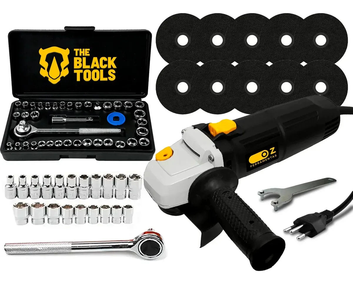 Kit Esmerilhadeira Angular Profissional 4.1/2 Pol. Com Jogo De Soquetes 40 Peças E Acessorios The Black Tools cor preto