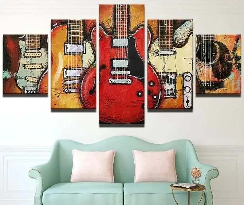 Quadro 5 Peças Mosaico Guitarras Coloridas