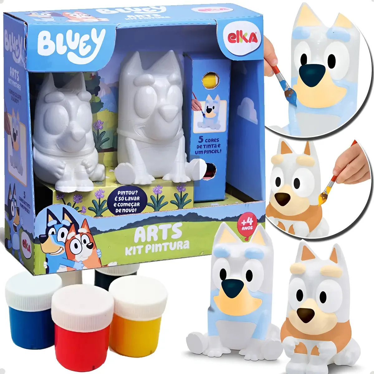 Kit 2 Bonecos Bluey Bingo P Colorir Pintar Kit Guache Pincel