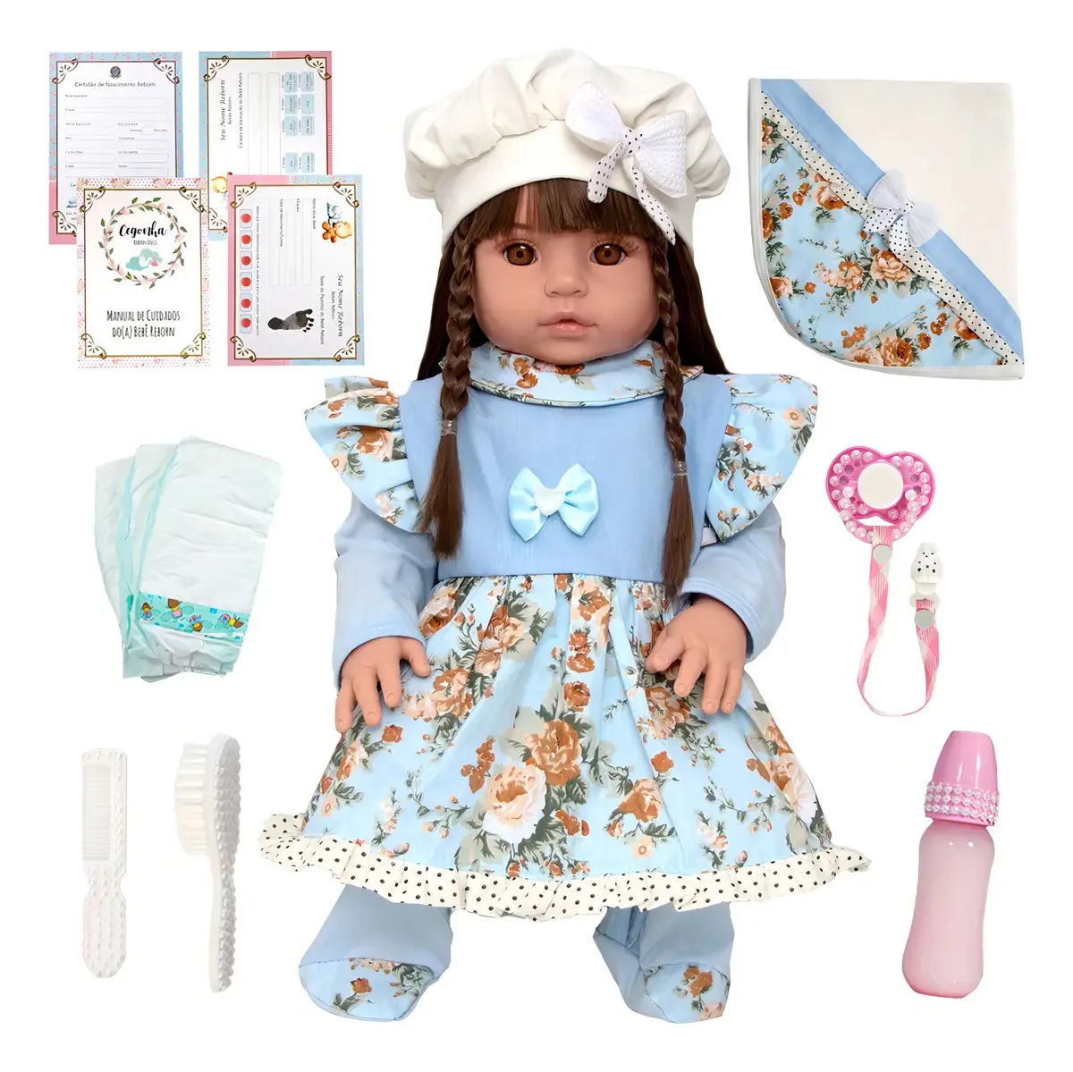 Boneca Reborn de Silicone para Banho com Acessórios e 52 cm