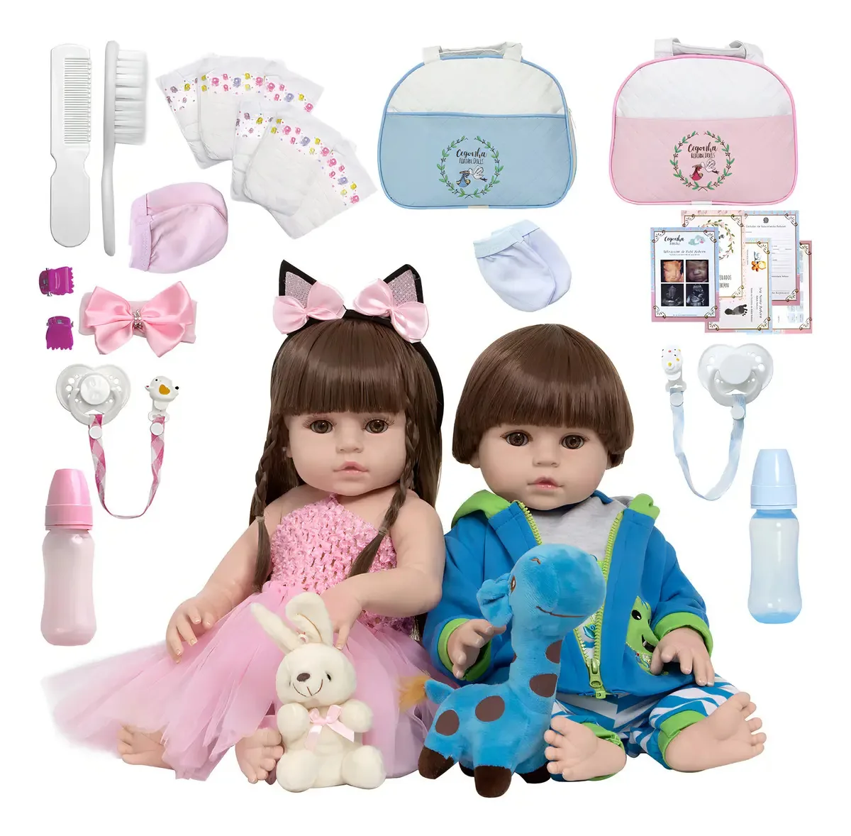 2 Bonecas Bebê Reborn Cegonha Reborn Dolls Jacarezinho e Coelhinha 46cm