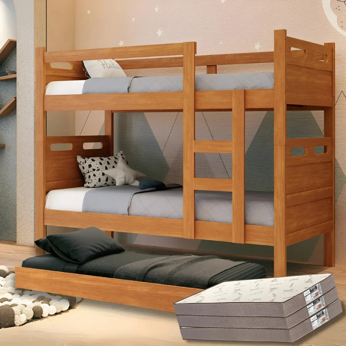 Treliche Com 3 Colchões D20 Premium Beliche E Cama Auxiliar Cor Nature