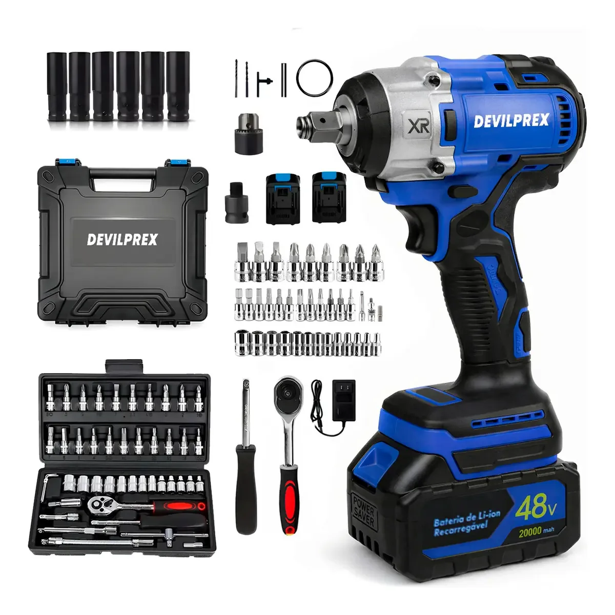 Kit Chave De Impacto Parafusadeira Furadeira Recarregável 48v + Jogo Soquete 46 Peças Azul Devilprex