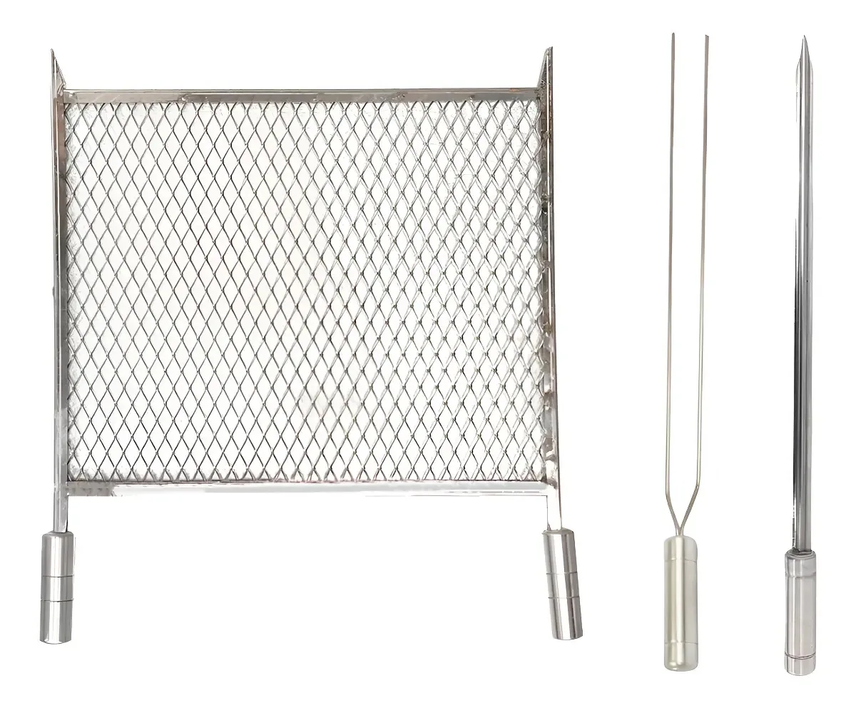 Kit Grelha Expandida Inox 40x60 Espetos Duplo E Espada 50cm