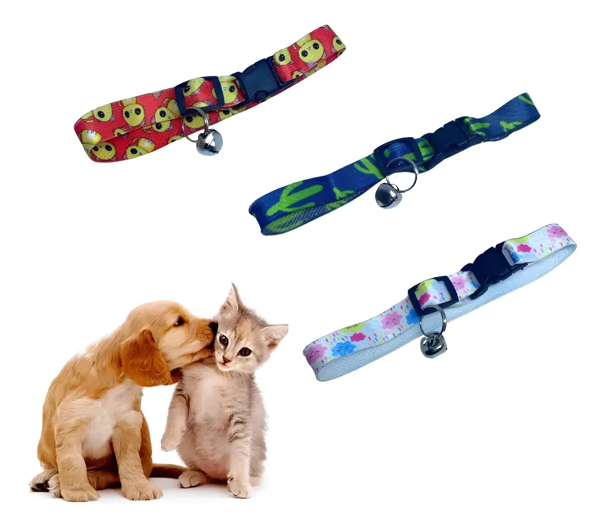 Kit 3 Coleiras Power Pets Cão Gato Reguláveis Coloridas c/ Guizo