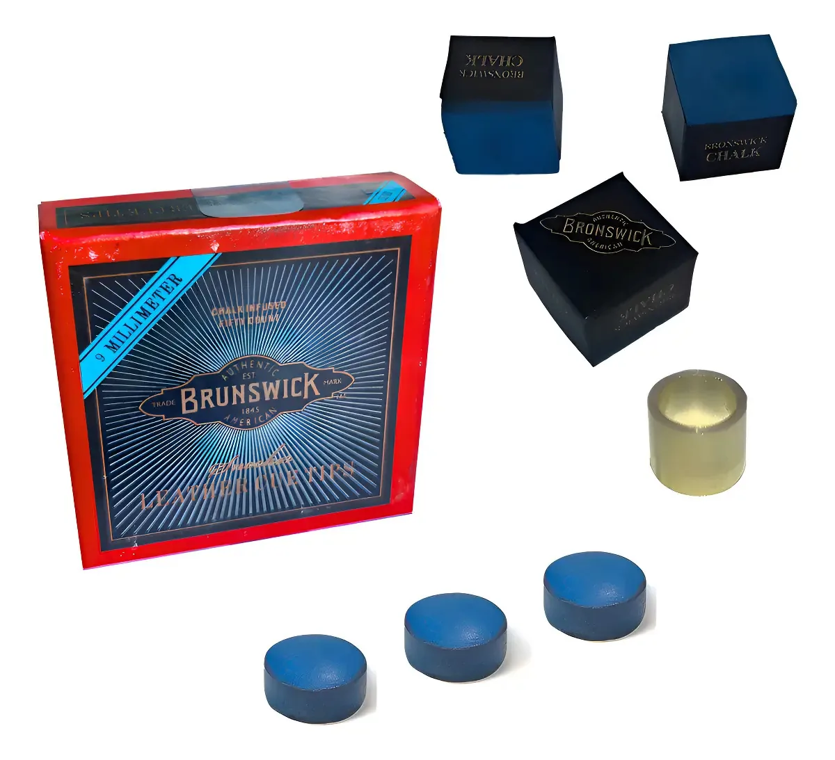 Kit Para Tacos De Sinuca Brunswick 9mm Sola Couro Giz Virola