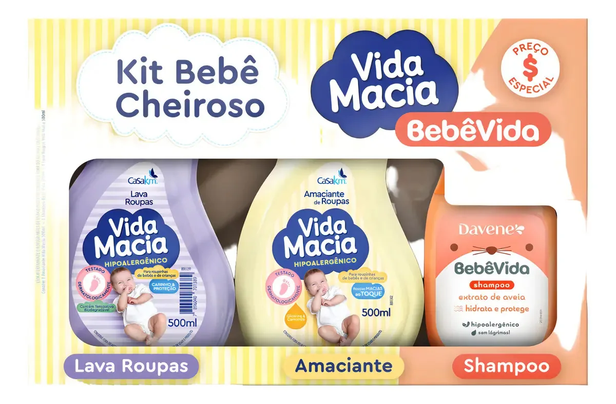 Kit Bebe Cheiroso Vida Macia Lava Roupa 500ml Amac 500ml Sha 200ml