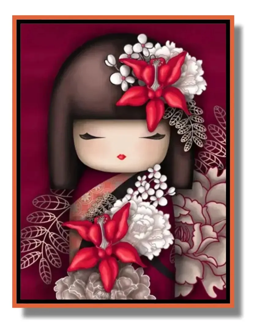 Pintura Com Diamantes/strass - Boneca Japão - 30x40cm