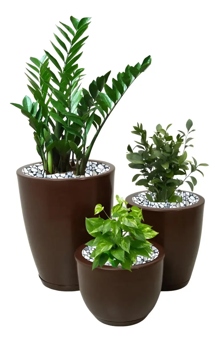 Kit 3 Vasos Para Plantas E Flores Lisos Marmorizados Com Prato - Marrom