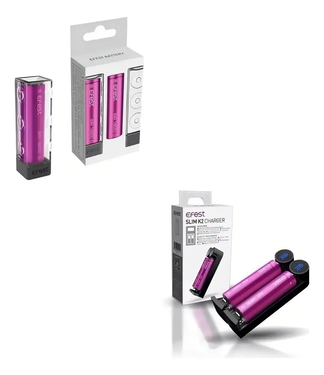 Kit Carregador Efest K2 + 2 Baterias Recarregáveis 18650 3000mAh Li-ion