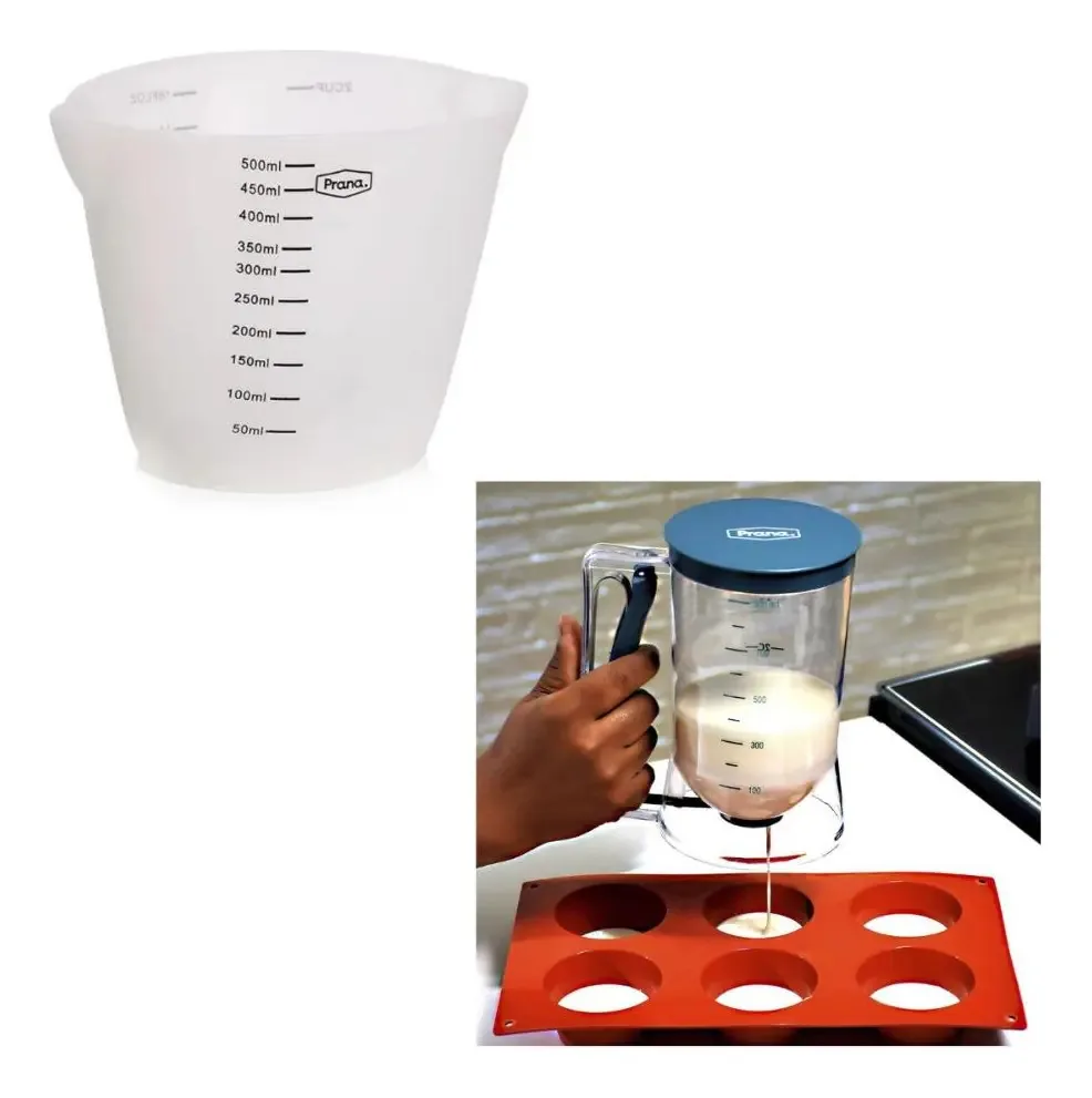 Kit Massa Dosador e Copo Medidas Prana Panqueca Bolo Silicone 900ml