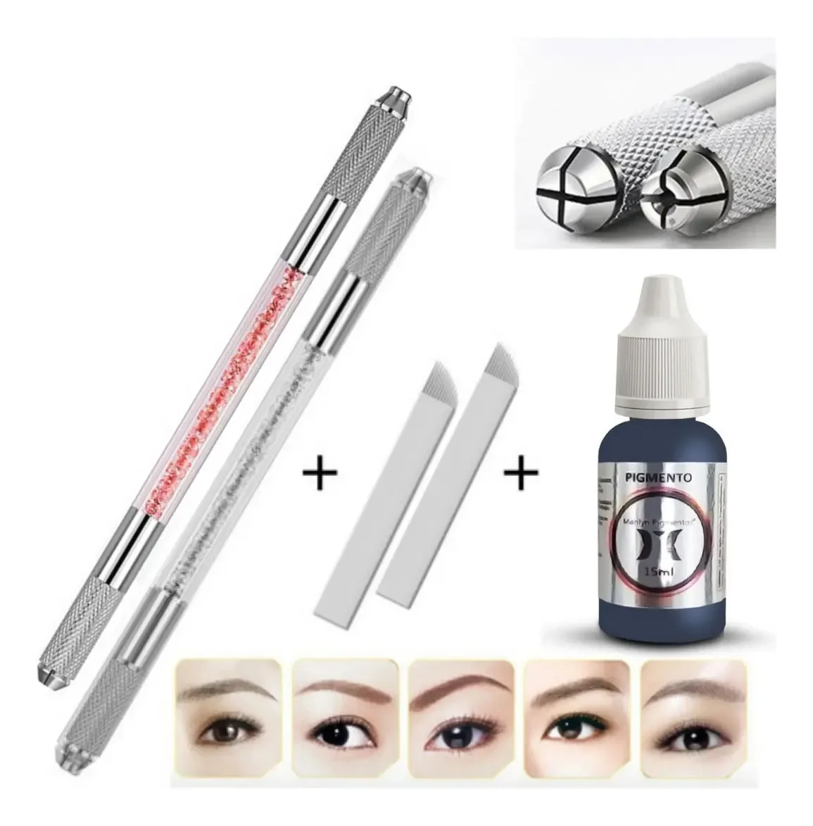 2 Caneta Tebori Microblading + Pigmento+ 2 Agulhas 12 Flex Cor Ocre