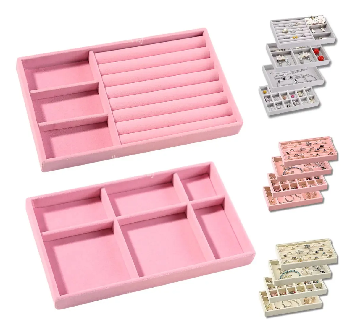 Kit 2 Porta Joias Grande Bijuterias Bandeja Colar Dualhome Cor Bege