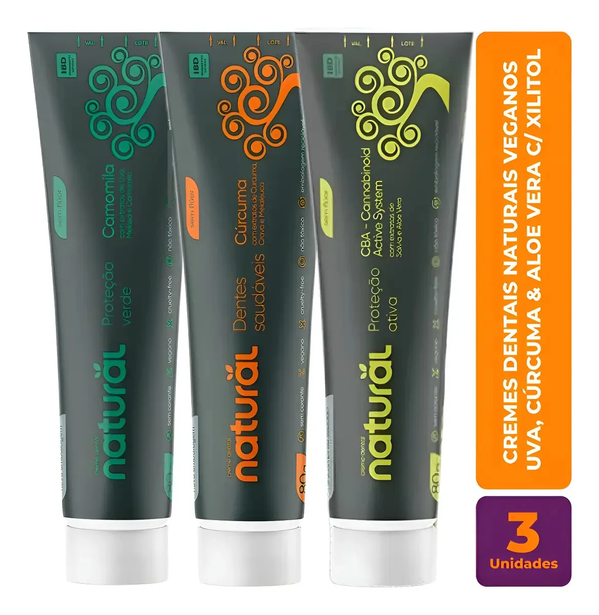 Kit 3 Cremes Dentais Naturais Uva Cúrcuma E Aloe Vera 80g