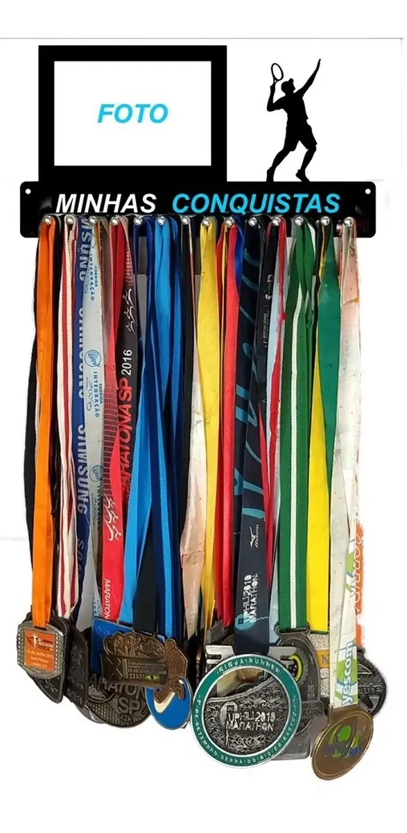 Porta Medalha Tenis Masc Para Até 50 Medalhas Porta Retrato Preto