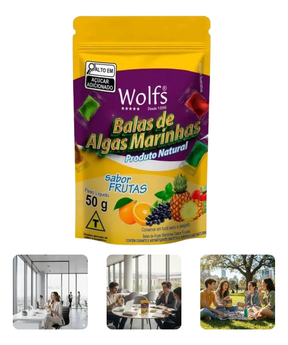 Balas De Algas Marinhas Sabor Frutas Natural 50g Sem Glúten