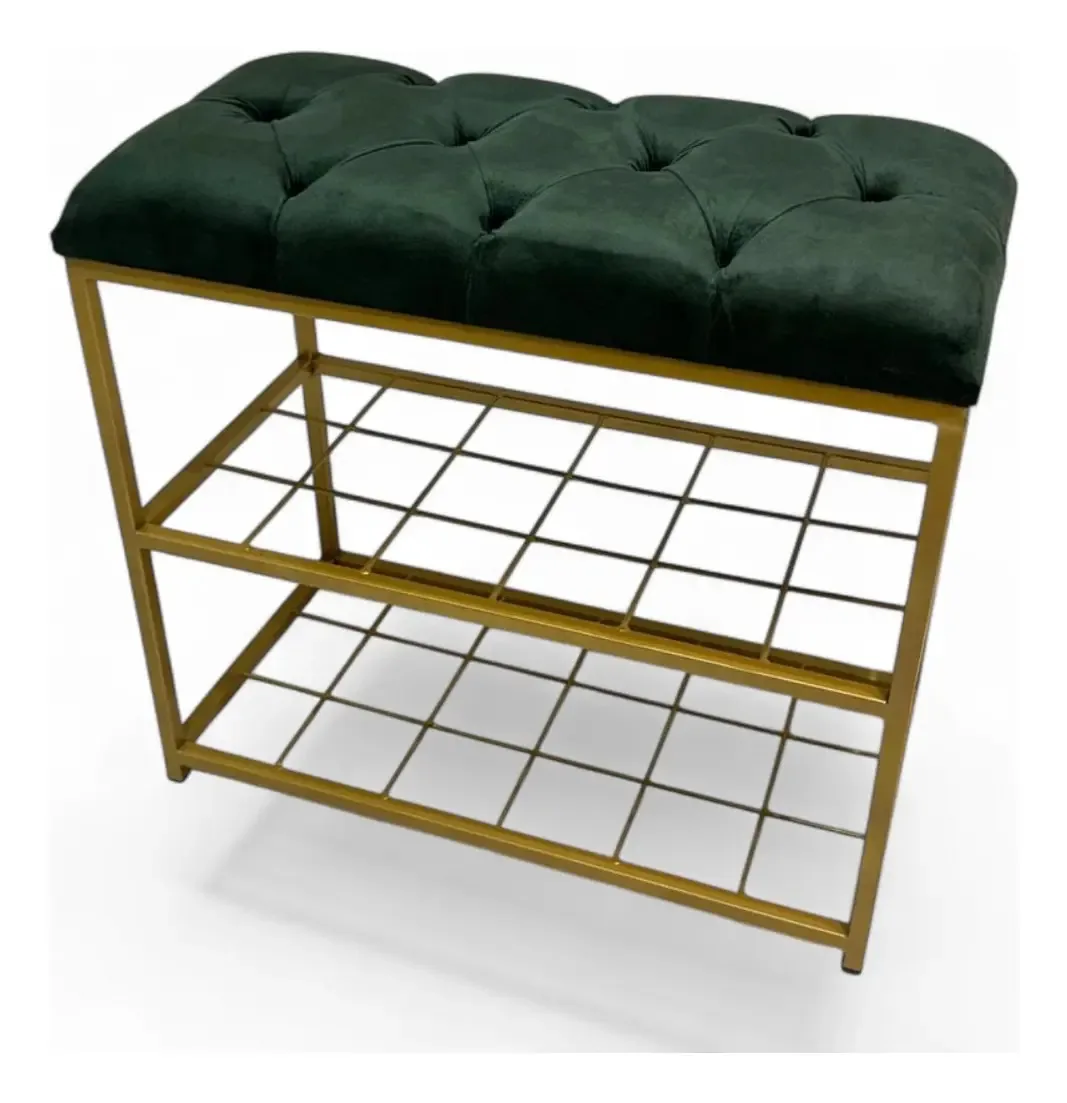 Banco Multiuso Sapateira Organizadora Calçados Hall Entrada Cor Dourado - Estofado Verde