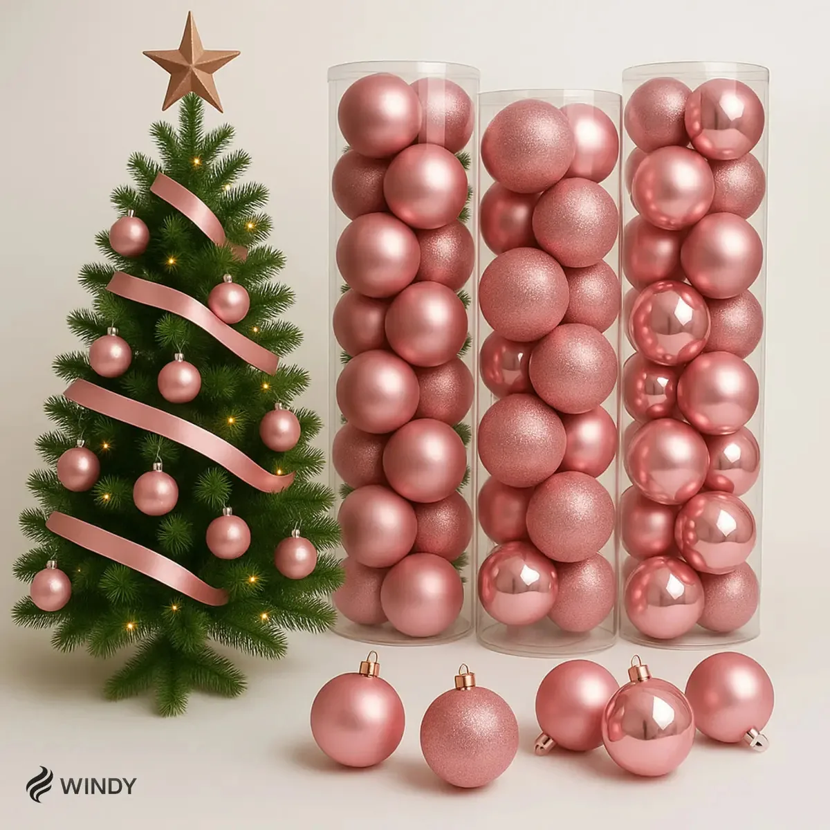Kit 4 Bolas De Natal 5cm Rose Mistas Fosca Lisa E Glitter Enfeites Natalinos Premium Decoração Árvore De Natal Rosa Dourada Elegante Brilhante Casa Festas Ornamentação Moderna Luxo Marca Windy