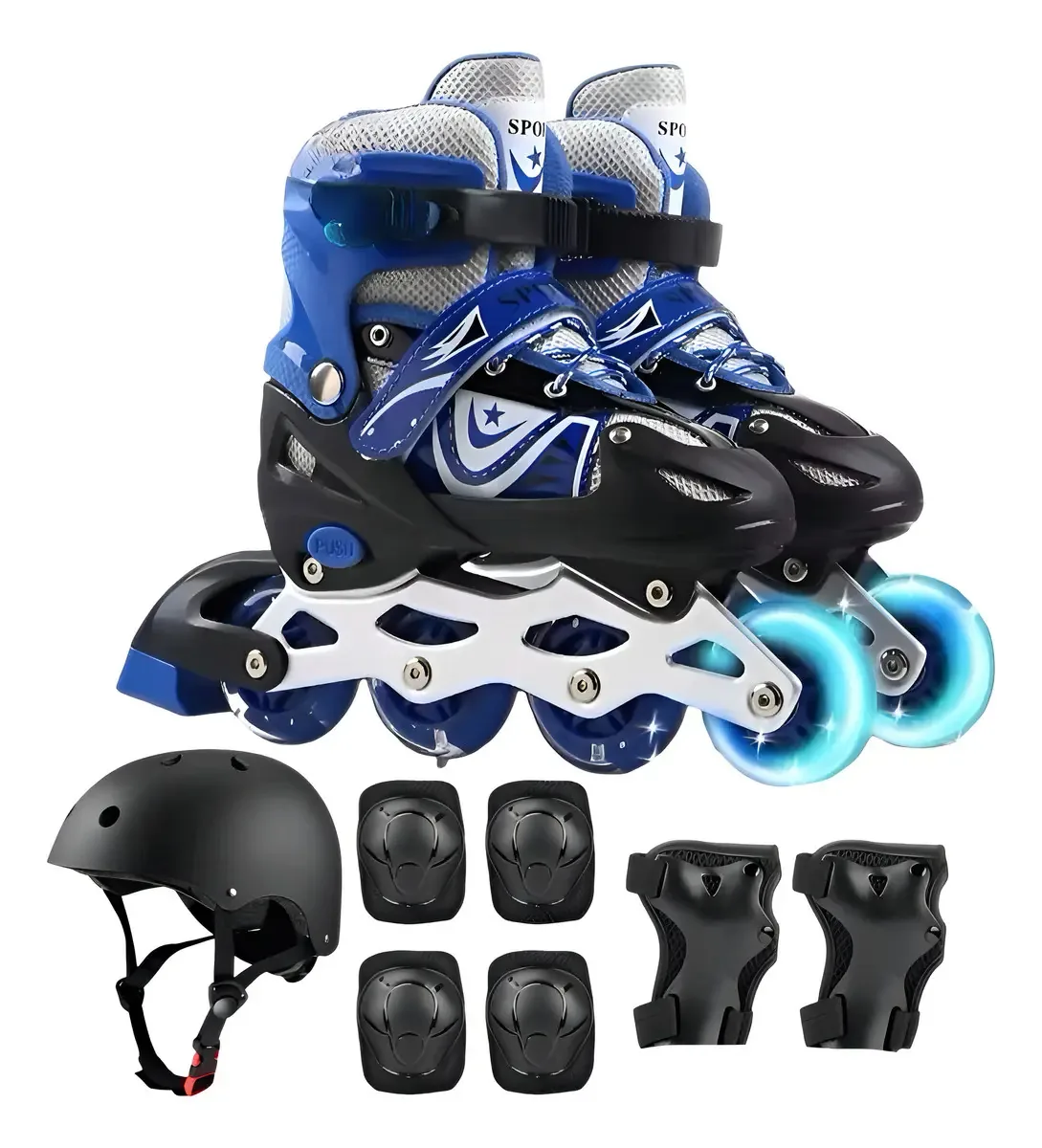Kit Patins Led Menino Azul Capacete Luva Proteção Criança Tamanho Dos Patins 35 Ao 38