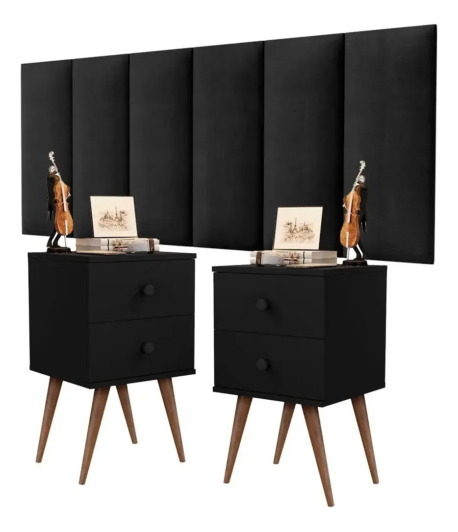 Conjunto Cabeceira Casal E Mesas Suede - Preto
