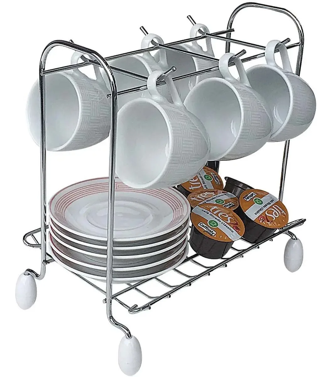 Suporte Aramado Porta 6 Xícaras E Pires Organizador Louça Cor Cinza