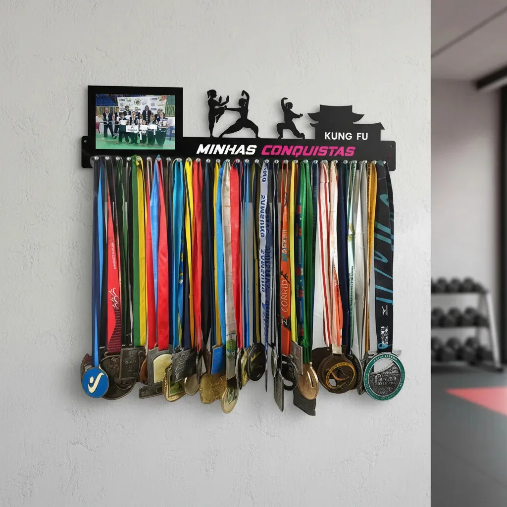 Porta Medalha Kung Fu Fem Porta Retrato P/até 100 Medalhas Cor Preto