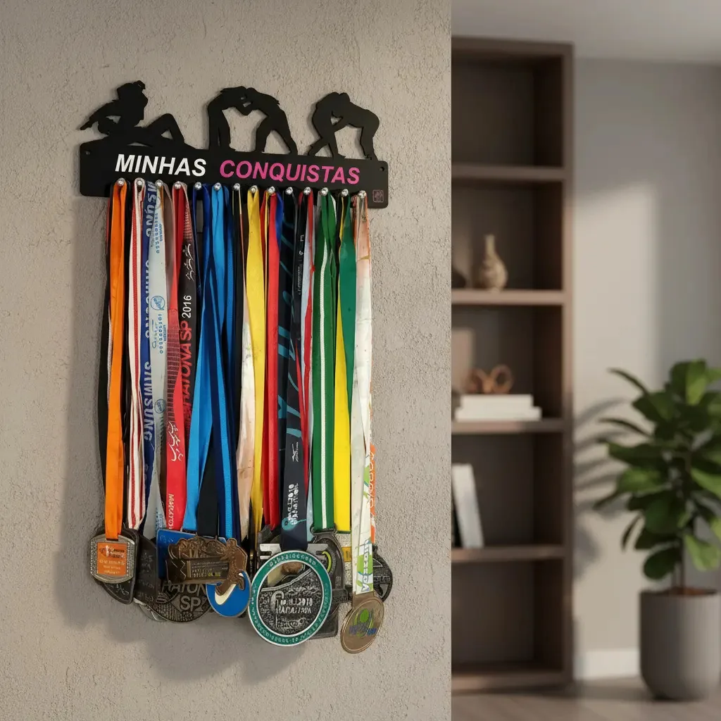 Porta Medalha Jiu Jitsu Feminino Para Até 50 Medalhas Cor Preto Armação Preto