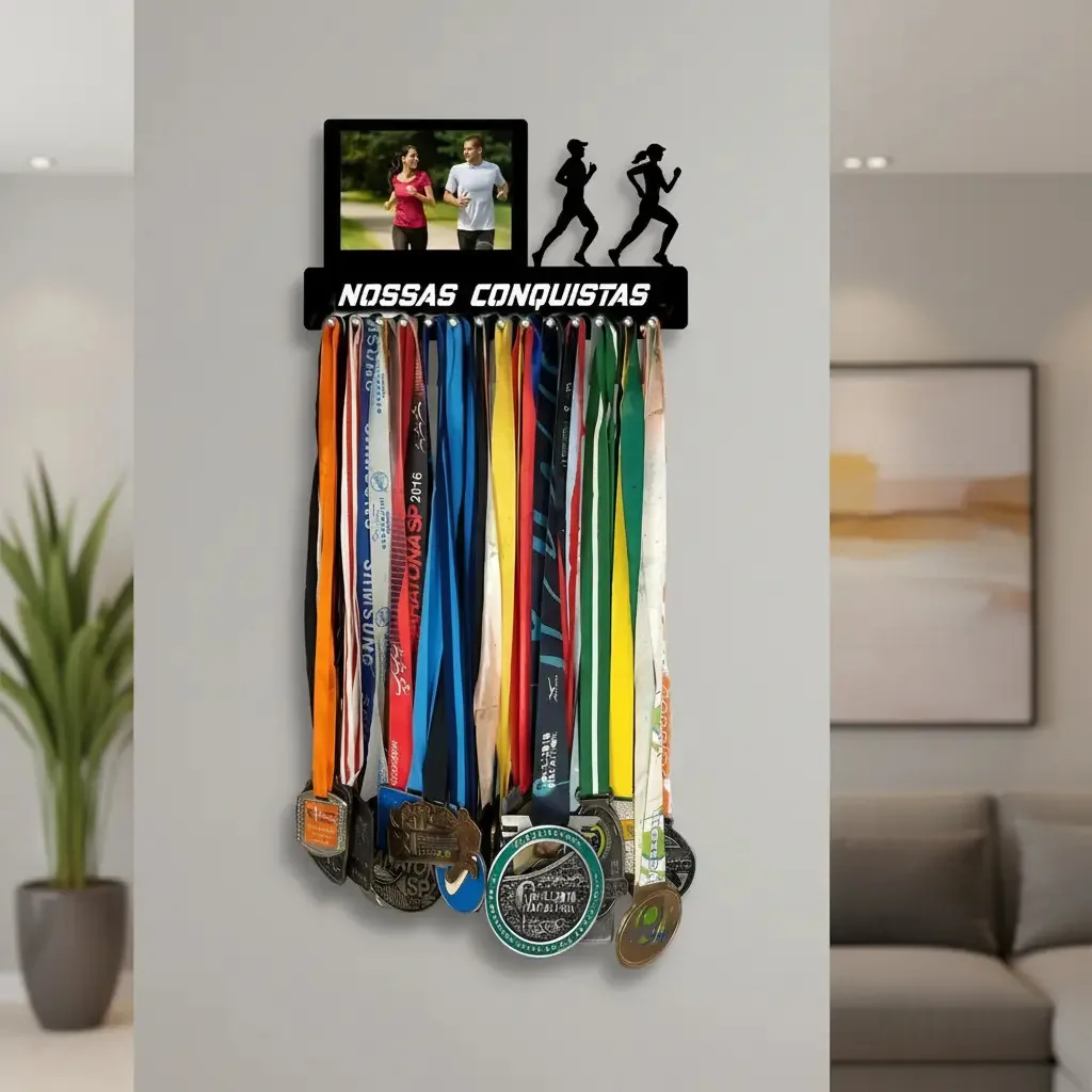 Porta Medalha Corrida Rua Casal Até 50 Medalhas Portaretrato Cor Preto