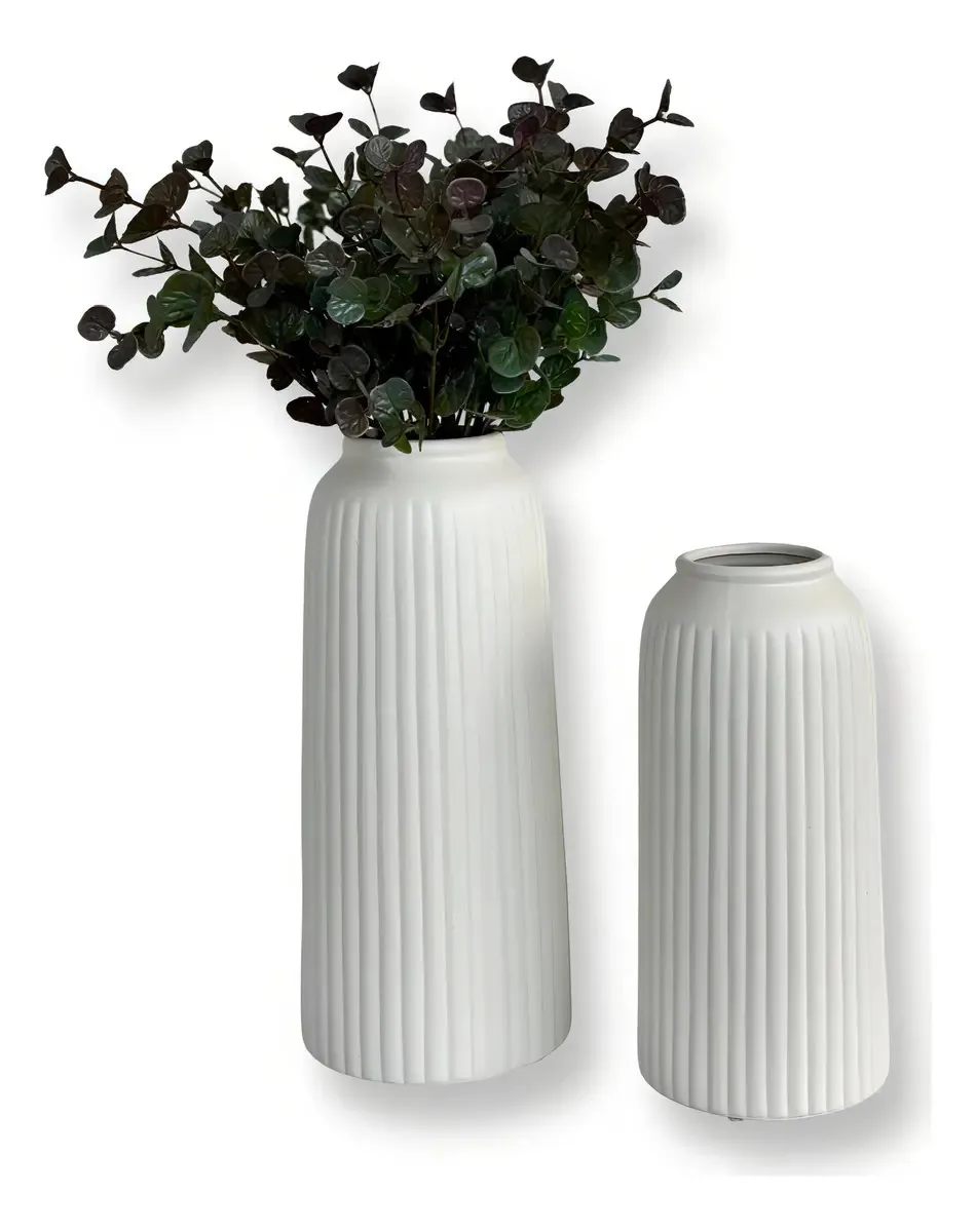 Vaso Decorativo Cerâmica Dupla Com Arranjo De Flores Lavanda