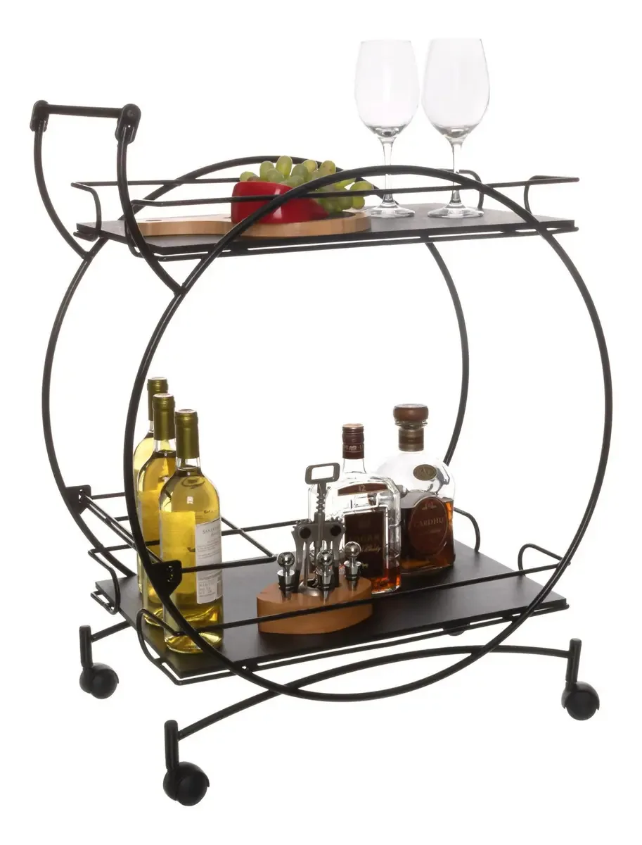 Carrinho Bar Metaltru Vintage 2 Prateleiras Aço MDP Preto Industrial