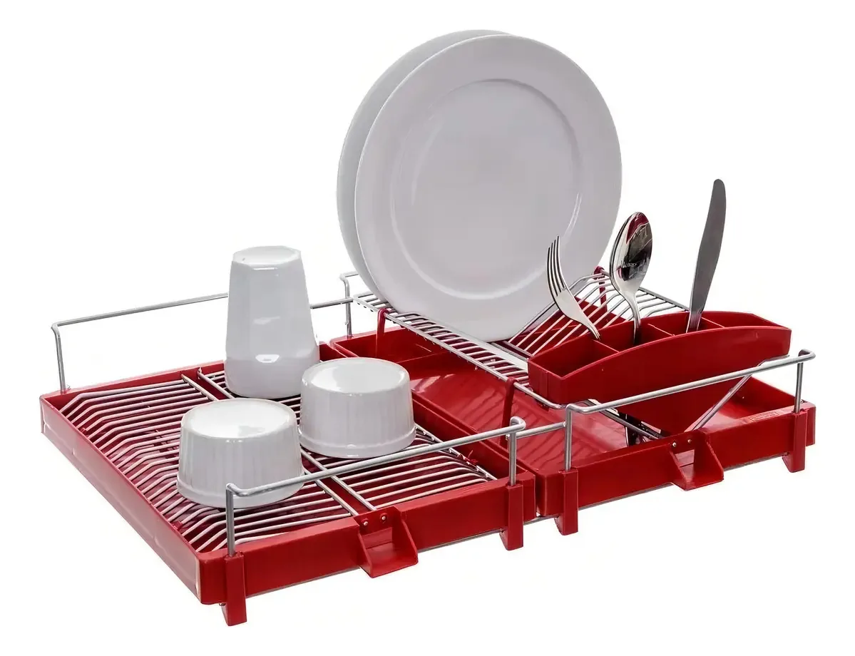 Escorredor Louça Grande 30 Pratos Vermelho Bandeja P/ Água