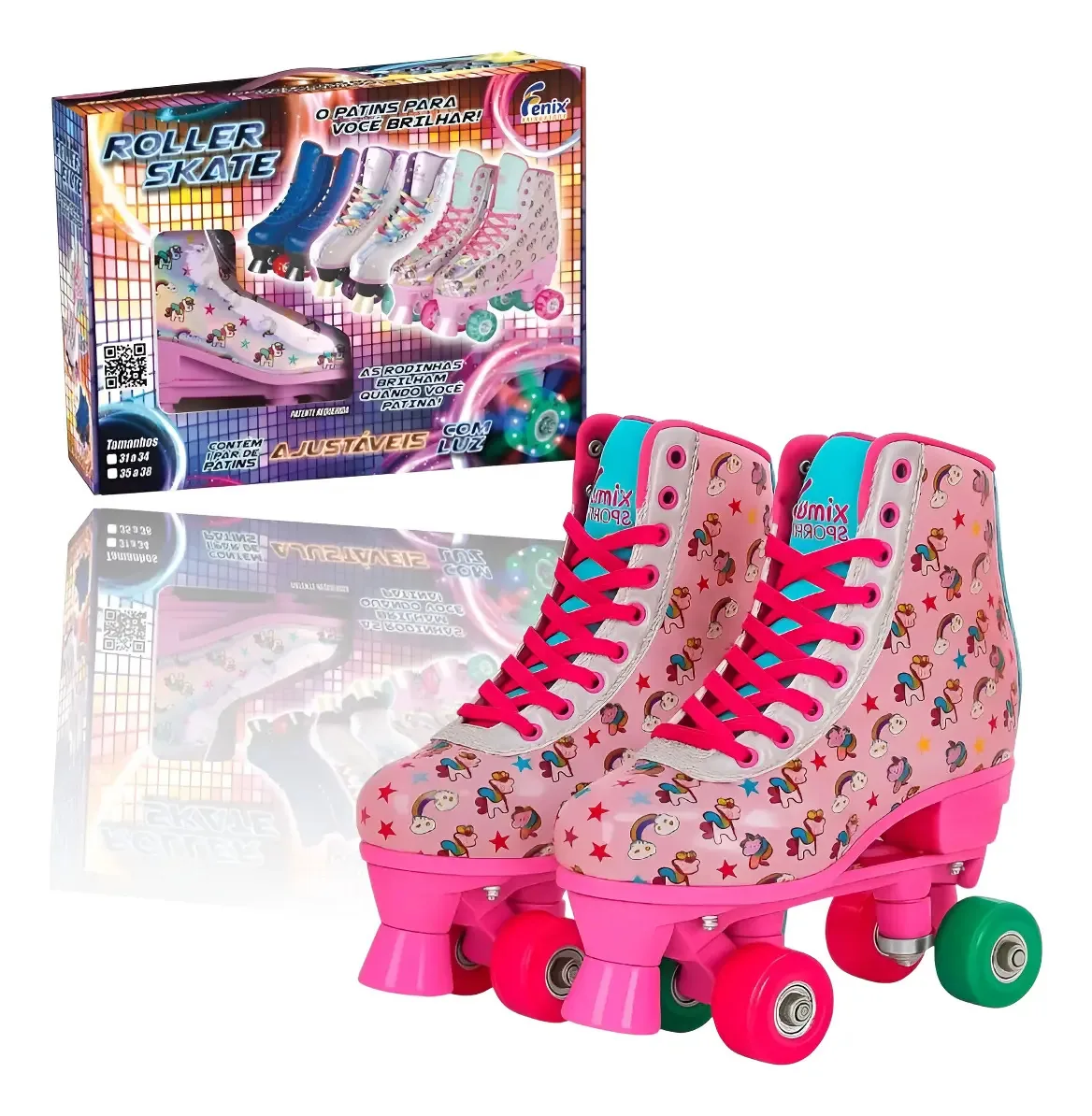 Patins Quad 4 Rodas Feminino Unicórnio Com Leds Ajustável Cor Rosa Tamanho Das Rodas 5.4 Cm Tamanho Dos Patins 31 Ao 34