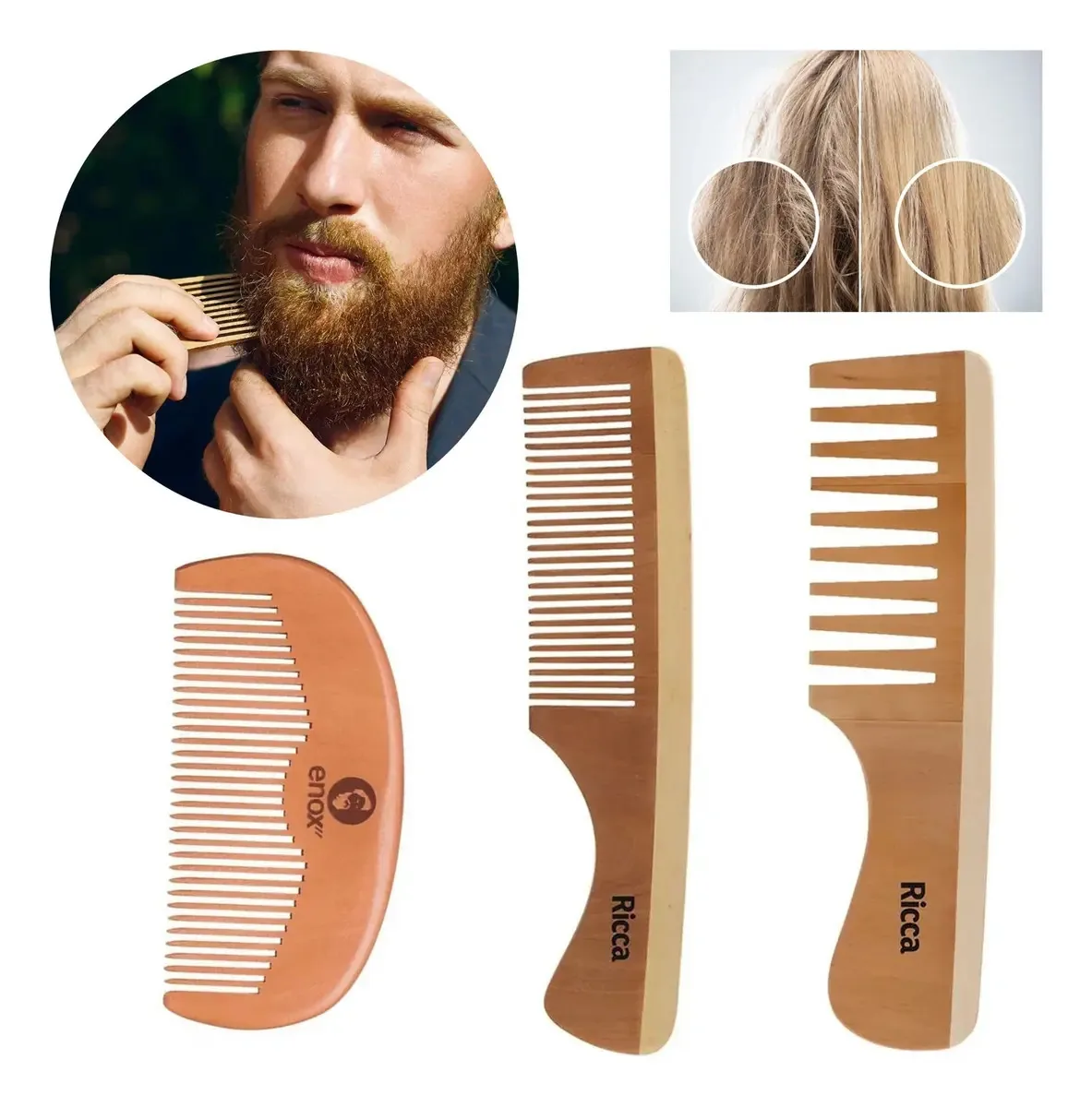Kit 3 Pentes Madeira Natural Antifrizz Para Os Cabelos