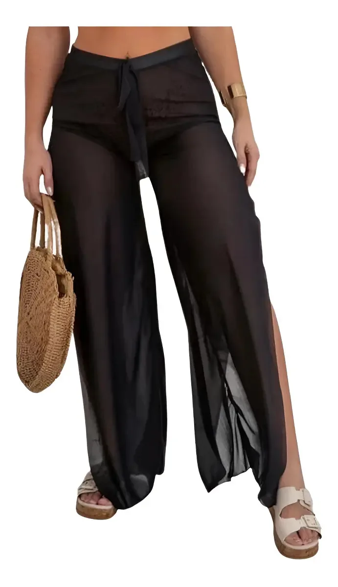 Calça Saida De Praia Transparente Tule Moda Praia Festa Cor Preto Tamanho U 36 - 42