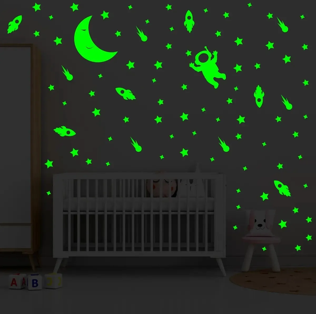 Kit 137 Estrela, Astronauta Fluorescentes Brilha Escuro Teto Cor Verde