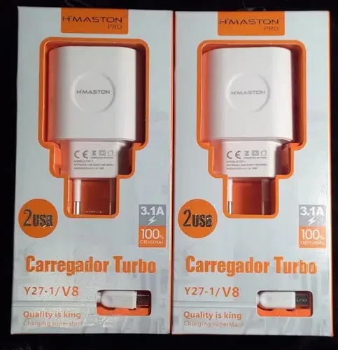 Carregador Turbo Parede H'maston F020 2 USB Rápido Branco com Cabo 5V