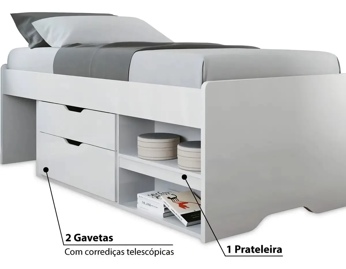 Cama Solteiro Conect Com Gavetas E Prateleira - Branco