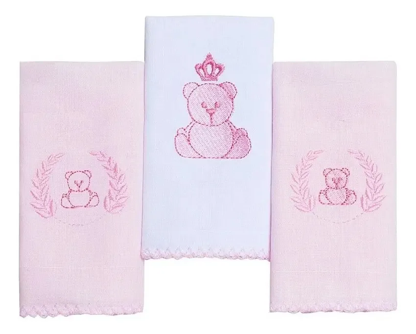 Kit 3 Pçs Pano De Boca Babete Algodão Bordado 40x40cm Rosa Desenho Urso Com Coroa