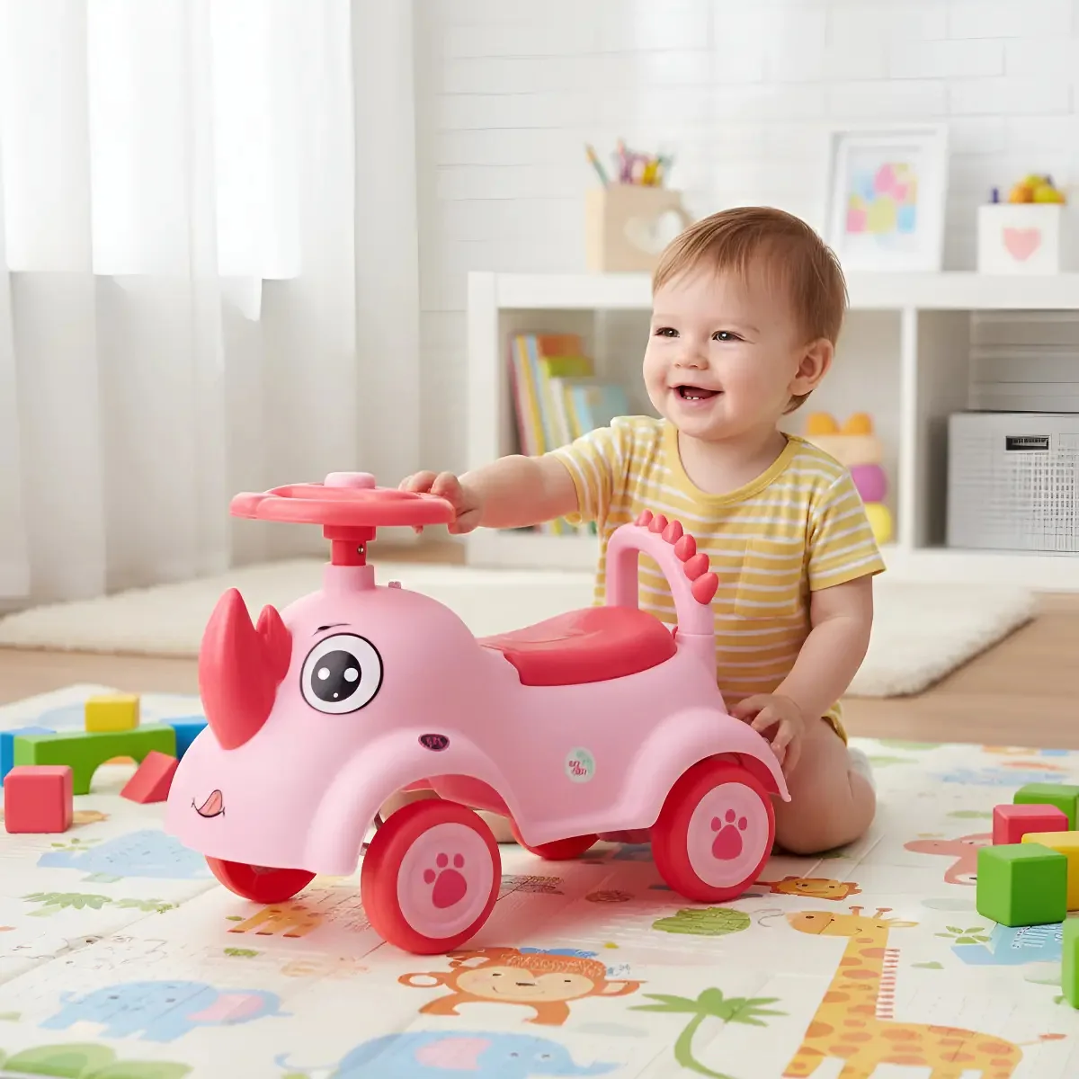 Andador Divertido Rinoceronte Rosa Infantil Com Musica E Luz