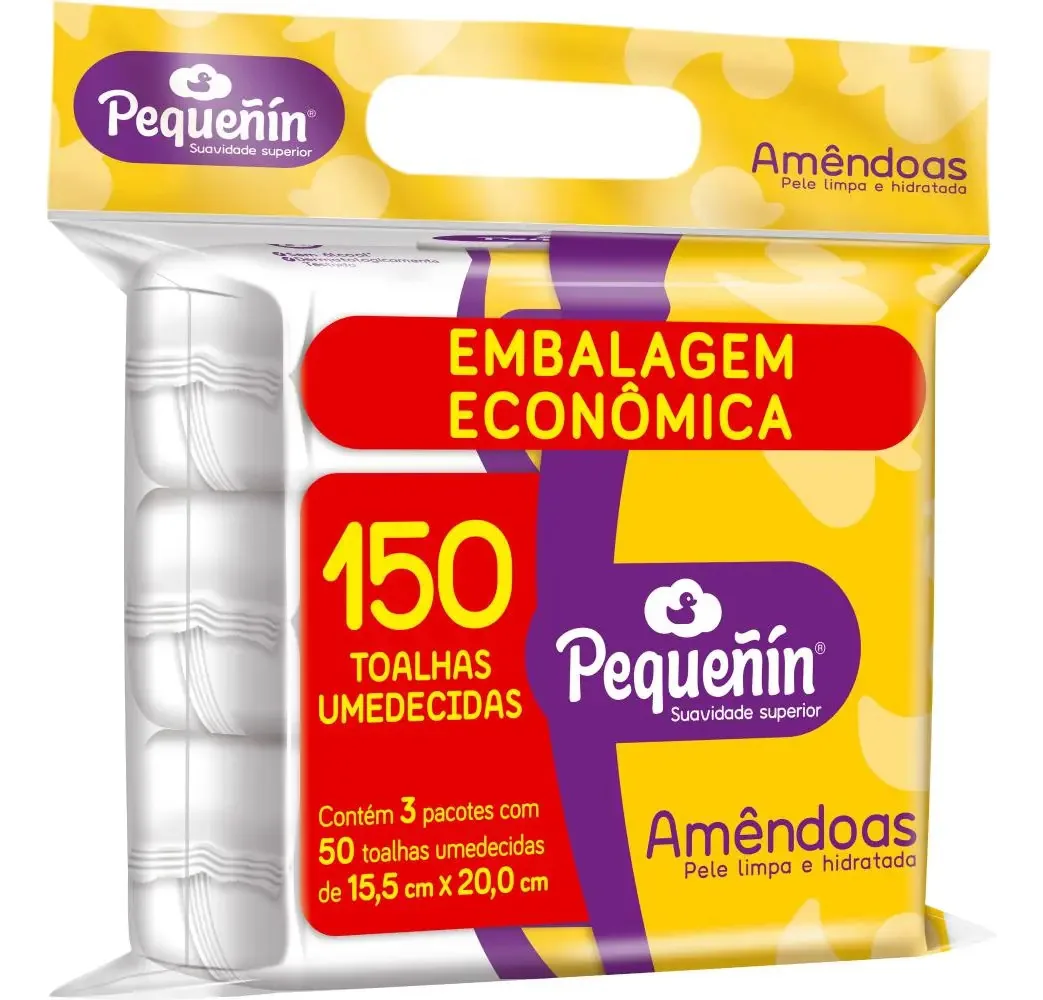Kit Lenços Umedecidos Pequeñín Amêndoa 150 U x 3 Pacotes