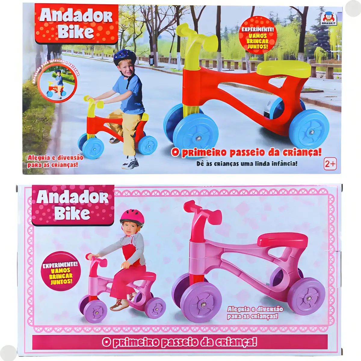 Bicicleta Equilíbrio Infantil Braskit 4 Rodas Rosa Sem Pedal