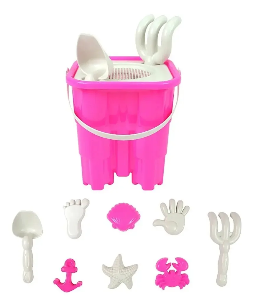 Kit Praia 10 Peças Com Balde Castelo Quadrado 19cm