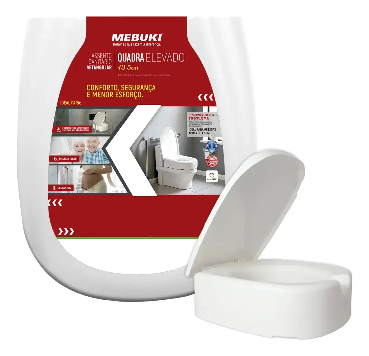 Assento Quadra Elevado Retangular Mebuki Acessibilidade 13,5 Cm Branco